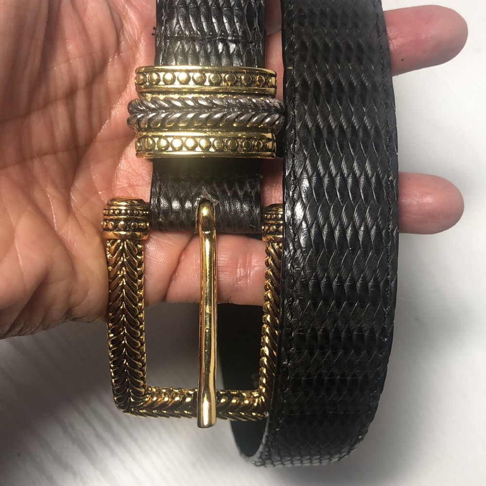 Vintage Carlisle Womans Belt Black Grey Leather Solid Gold Silver Buckle - Picture 6 of 8